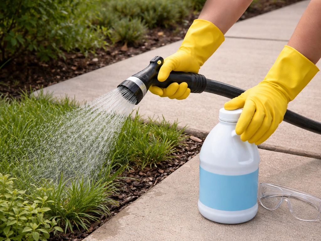 Person in rubber gloves and goggles pre-wets patio plants before cleaning concrete with a chemical.
