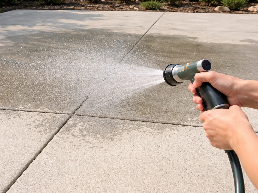 Hands spray plain water onto a concrete patio to pre-wet the surface and prevent cleaner streaking.