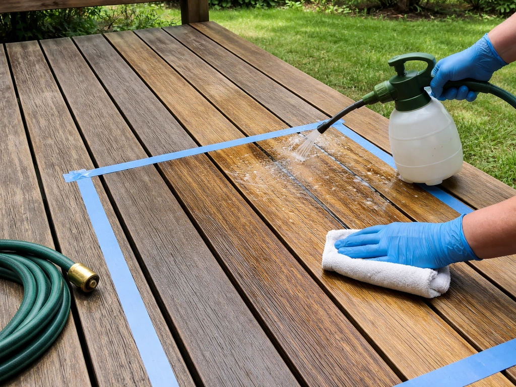 Gloved hand spraying a masked section of a sealed wood deck for cleaning, with hose nearby.
