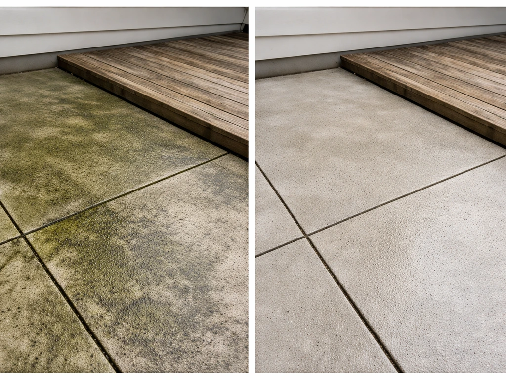 Split before-and-after photo of an algae and mildew-stained patio, showing reduced green growth after treatment.