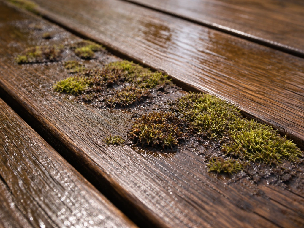 Close-up deck surface with moss stains turning brown/black after treatment, showing slippery biological growth