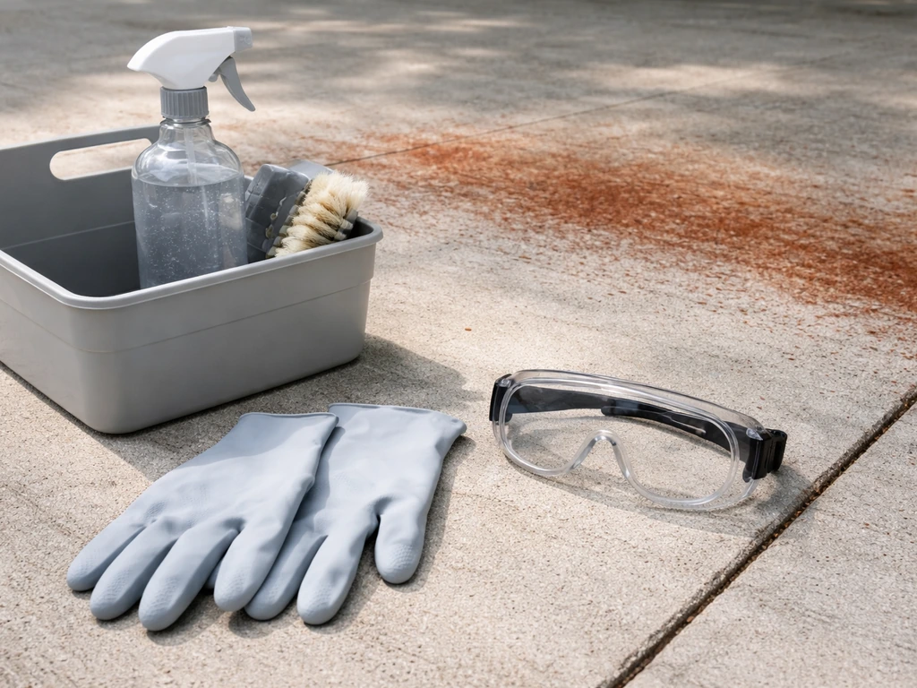 Nitrile gloves and safety goggles laid on a patio surface beside a rust-stain cleaning setup