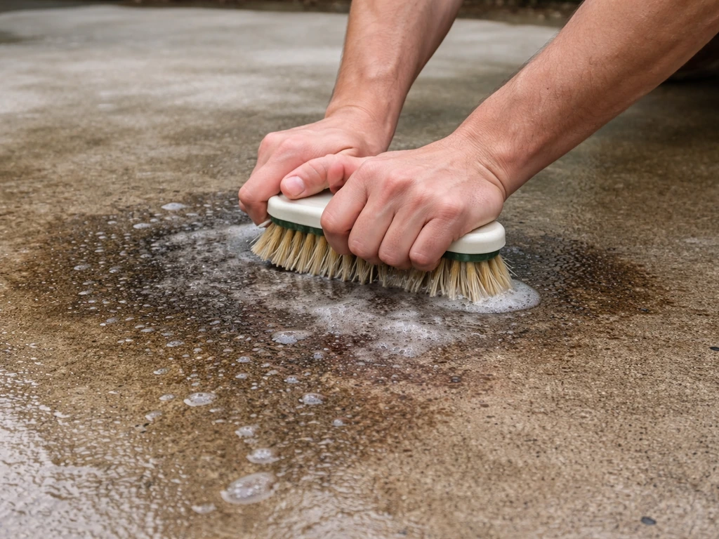 Person reapplying cleaner and scrubbing a stained surface with a stiff brush outdoors