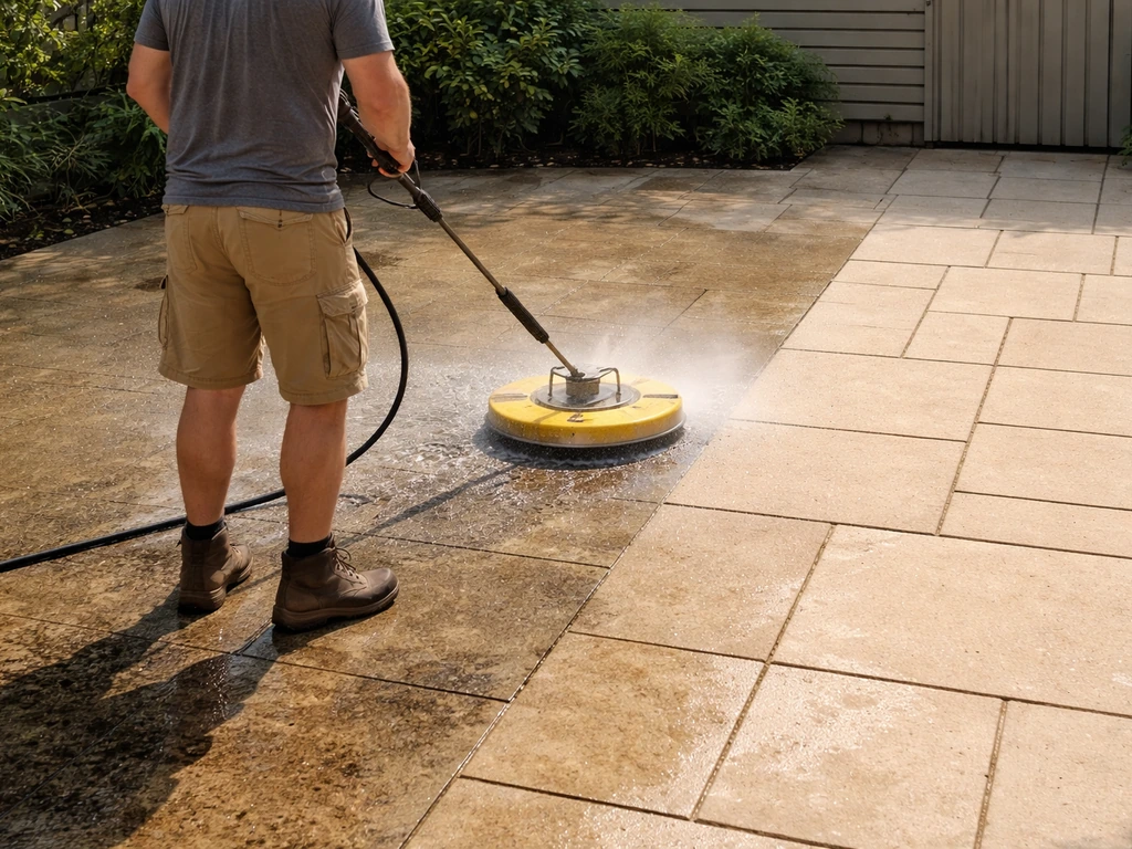 Sunlit patio where a rotating pressure-washer cleans grime-stained paving beside a dirty section.