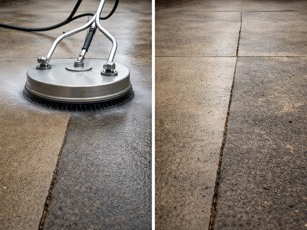 Rotary surface cleaner scrubbing a concrete slab, with adjacent still-dirty tarmac for side-by-side comparison.