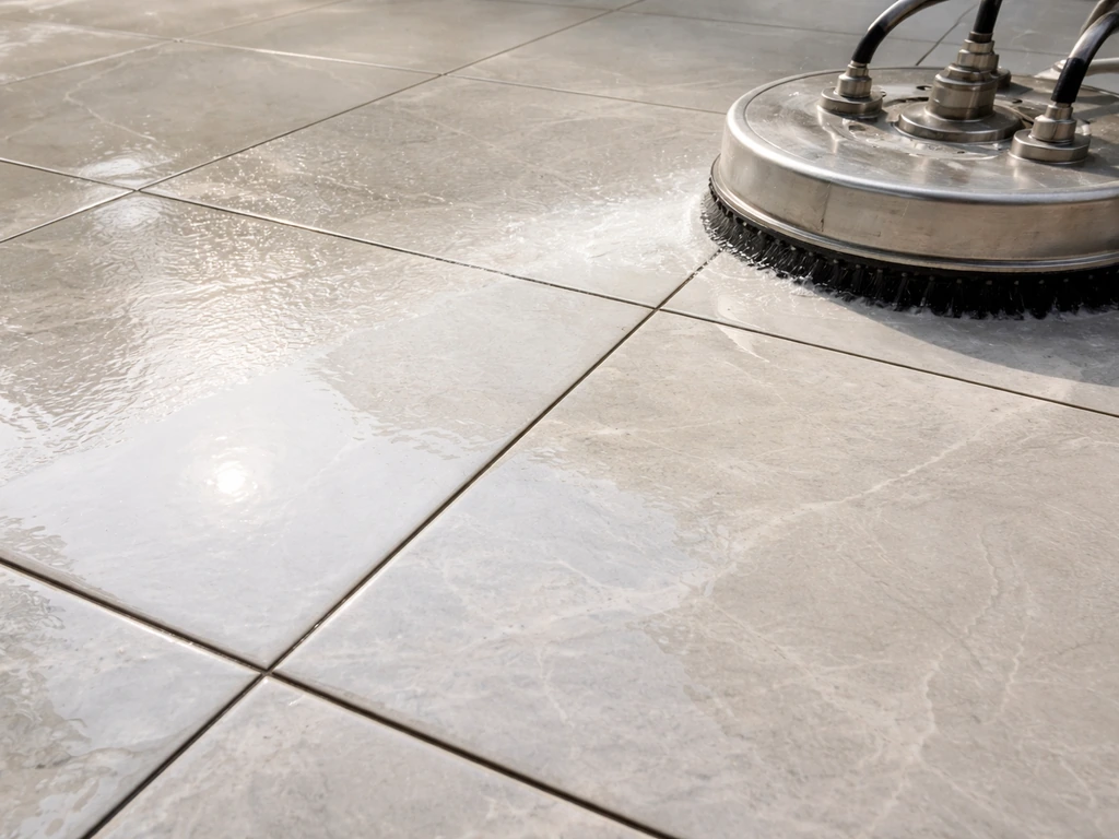 Rotating surface cleaner cleans porcelain patio tiles, leaving clear grout lines and minimal streaking.