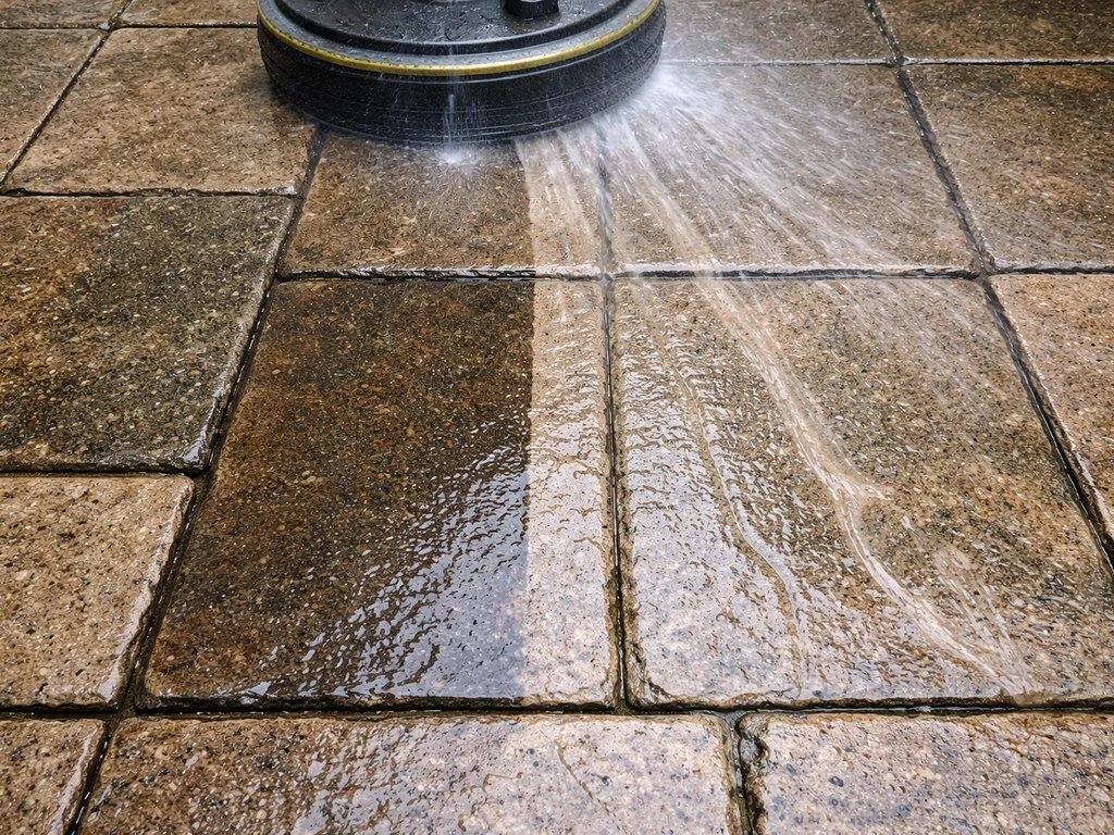 Uneven patio pressure washing shows visible water streaks and off-level cleaning marks on stone tiles.