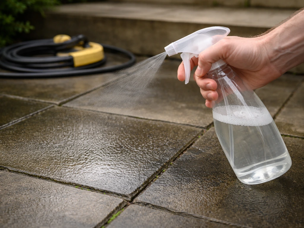Hand sprays an anti-algae pre-treatment onto wet patio paving stones before pressure cleaning.