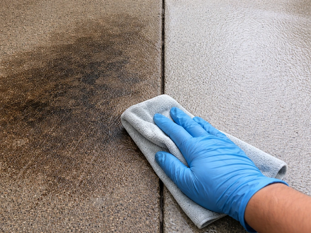 Close-up of stained concrete still dark after cleaning, with nearby concrete freshly cleaned.