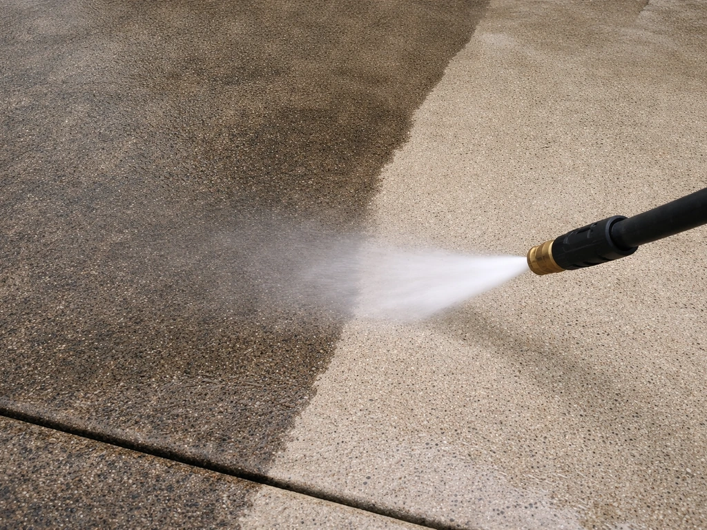 Close-up of a pressure washer wand spraying a concrete patio, with clean wet area beside dirty dry concrete.