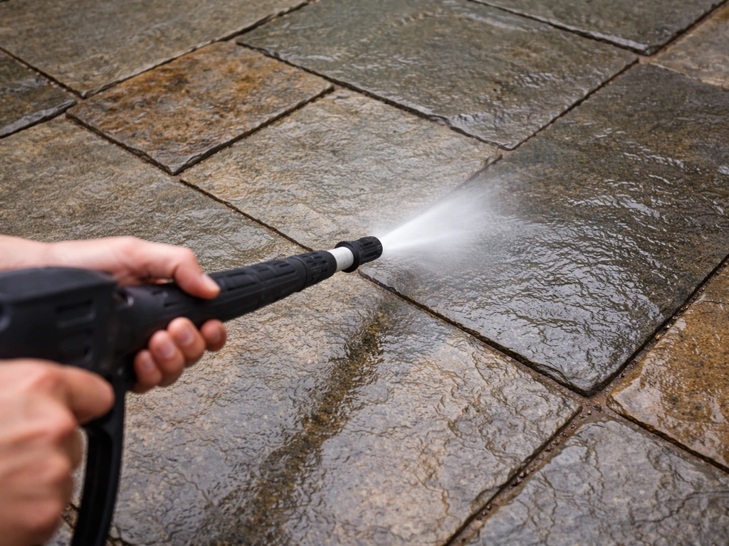 A gentle pressure-washer cleaning pass on weathered slate flagstones with a white nozzle, no text.
