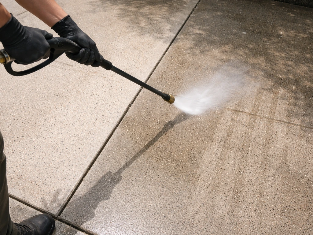Pressure washer wand sweeping a patio in one continuous motion, showing clean surface without streak lines.