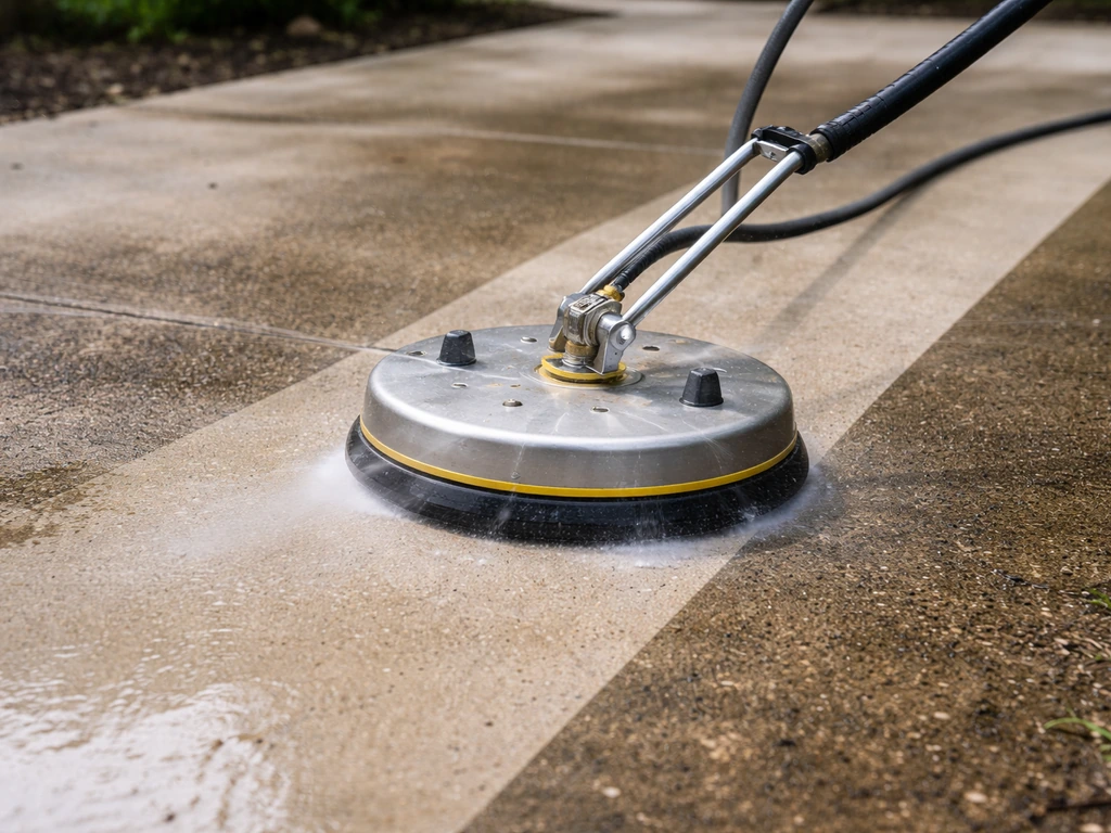 Pressure washer surface cleaner rotates and strips clean lanes on a concrete patio.
