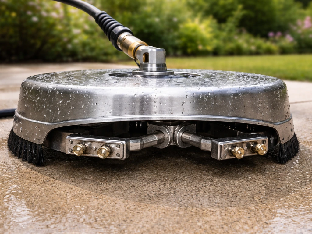 Close-up of a rotating patio cleaner head and two nozzle sets attached to a pressure washer.