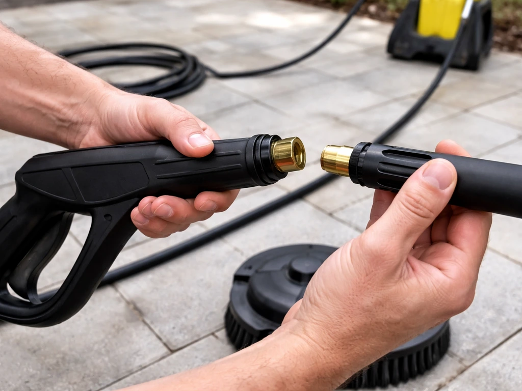 Hands removing a pressure washer lance from the spray gun bayonet and aligning the attachment head.