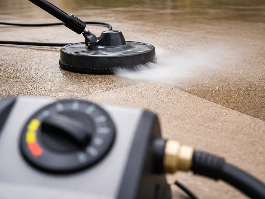Power Patio head cleaning a concrete patio with overlapping passes and the pressure dial set on the control