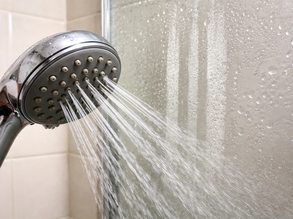 Close-up of a rotating showerhead nozzle with visible uneven spray stripes showing clogged jets