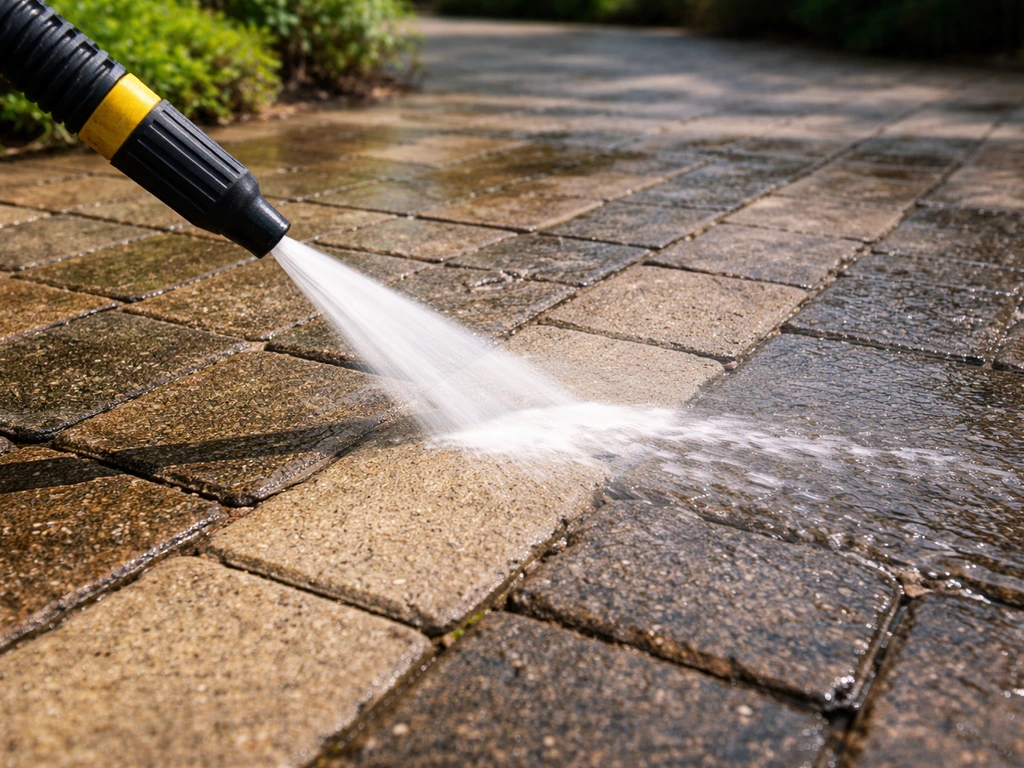 Pressure washer nozzle blasting grime off a UK concrete and block-paving patio with runoff water