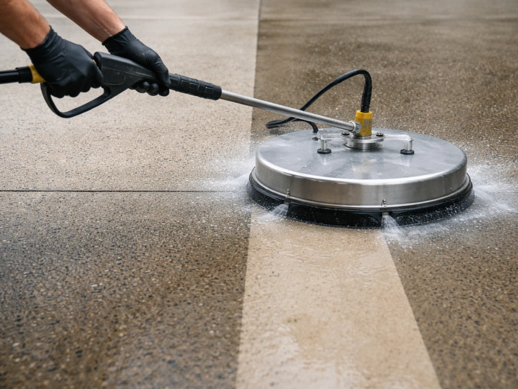 Pressure washer with surface cleaner washing concrete slabs, showing an even cleaned band.