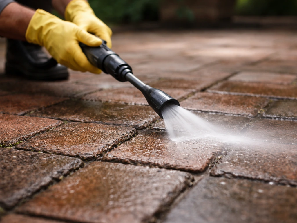 Close-up of a person pressure-washing a brick patio with a low-pressure nozzle near mortar lines