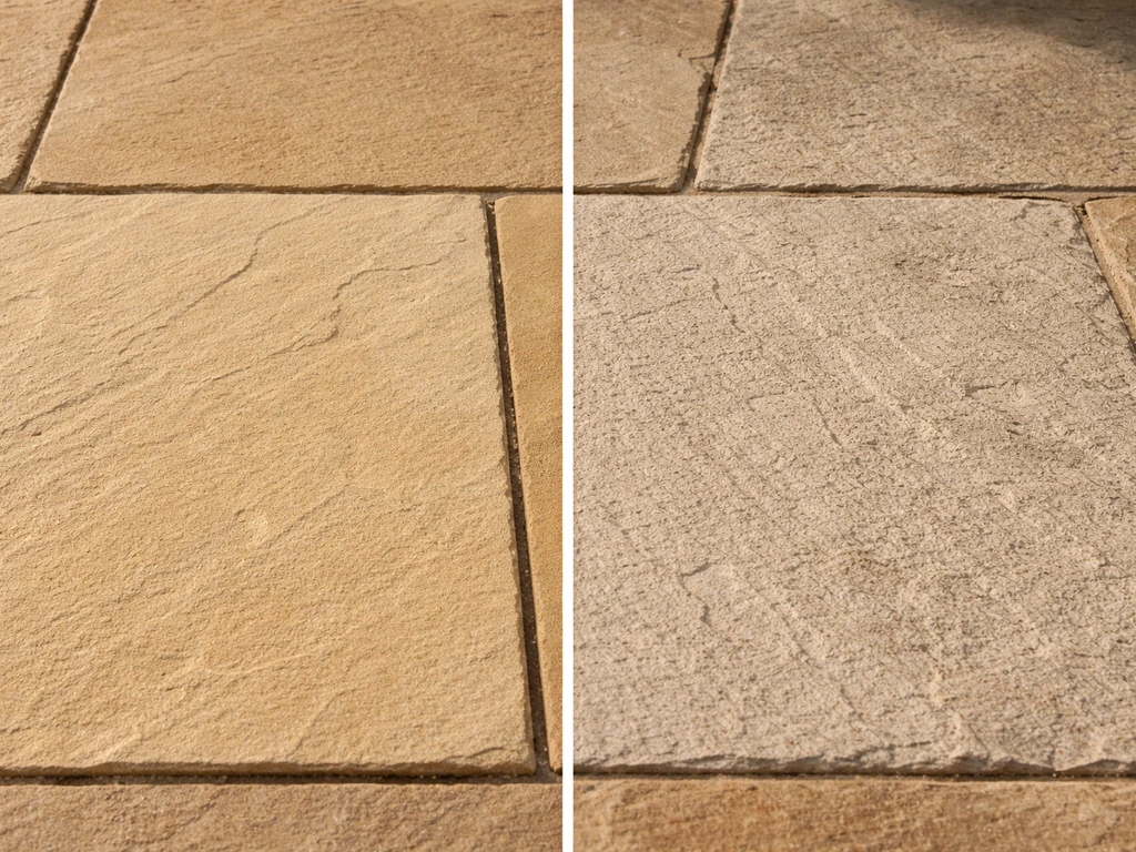 Close-up sandstone patio with an intact textured area next to a rougher pressure-washed, eroded section.