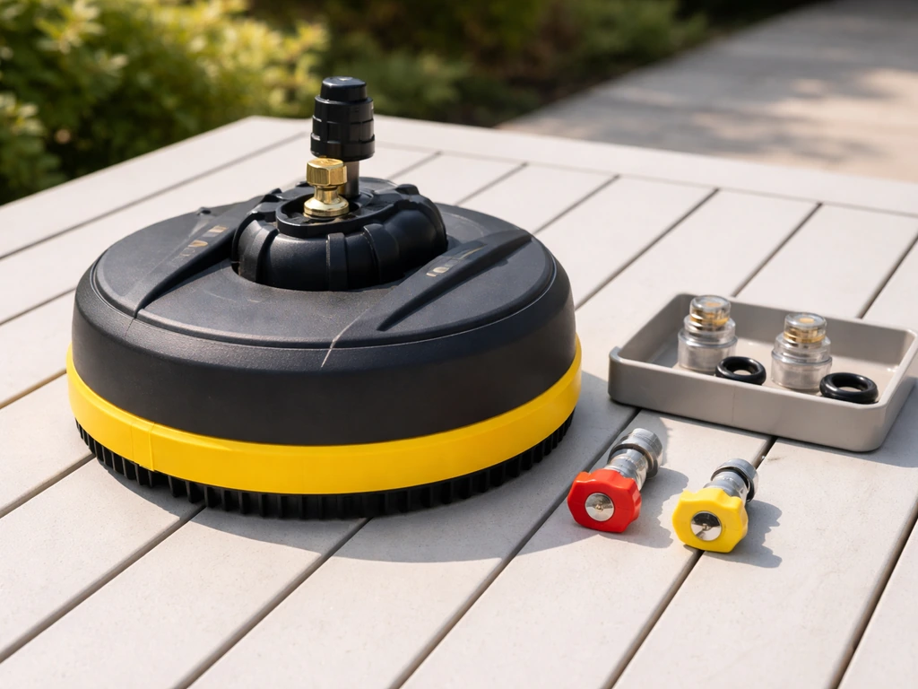 Pressure-washer accessories laid out: surface cleaner head, 25°/40° nozzles, and quick-connect fittings on patio table.