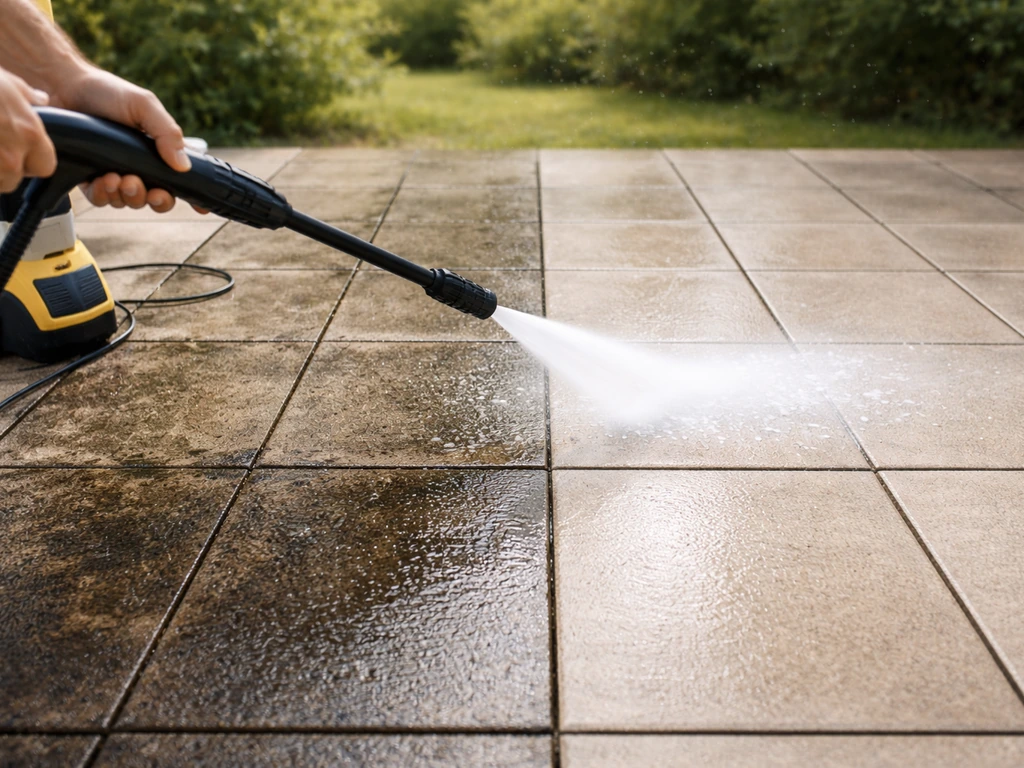 Electric pressure washer cleaning a patio, showing dirty vs freshly cleaned paving contrast.