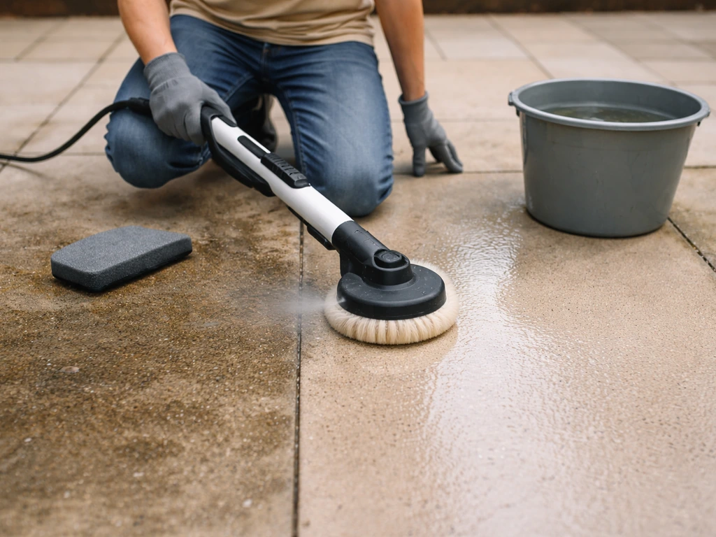 Anonymous person power-washing a concrete patio with an electric cleaner, damp sheen where it’s been cleaned.