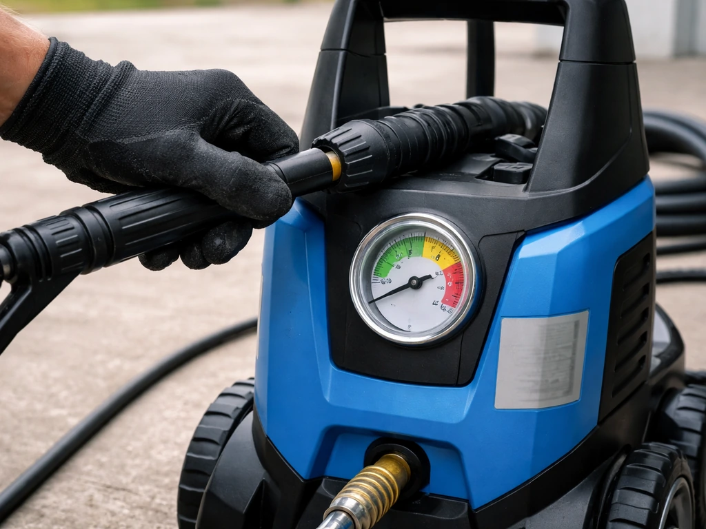 Close-up of an electric pressure washer setup with a visible PSI gauge and spec label area.