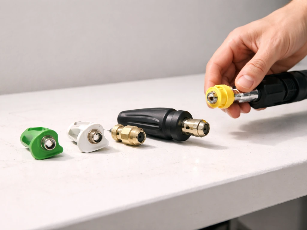 Lineup of pressure washer nozzles (25°, 40°, turbo, soap) with a hand swapping a nozzle on the wand.