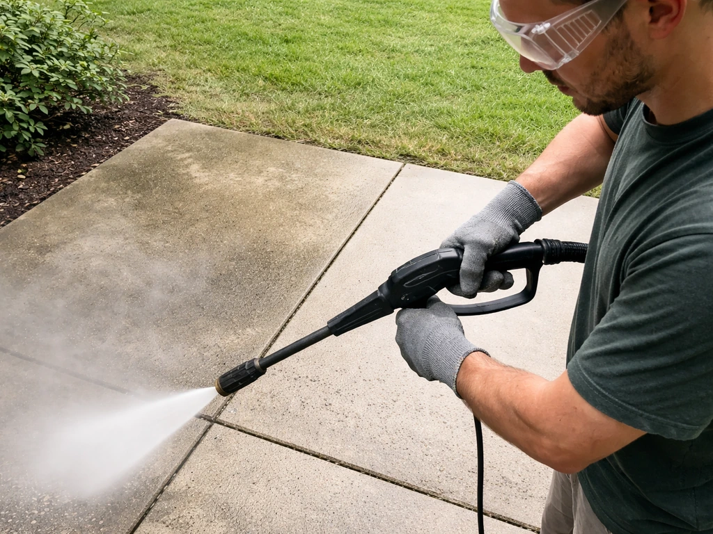 Gloved hands and safety goggles beside a patio power-wash nozzle set back for safe distance