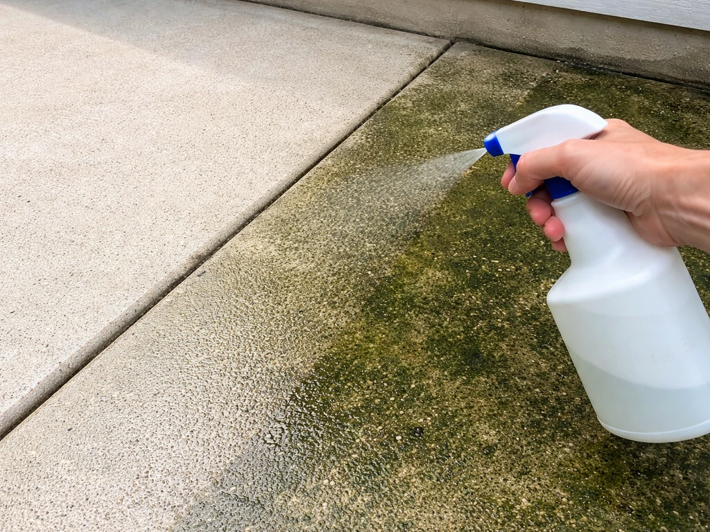 Diluted bleach sprayed on a patio shows cleaner concrete where algae/mold has been removed.