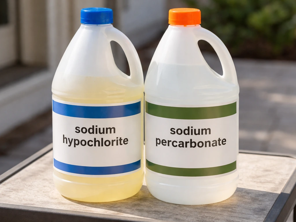 Two cleaning bottles—one labeled for sodium hypochlorite, one for sodium percarbonate—on a patio table