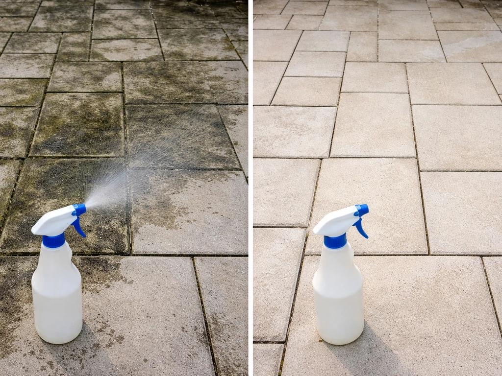 Before-and-after patio pavers, algae and mold removed after spraying bleach solution.