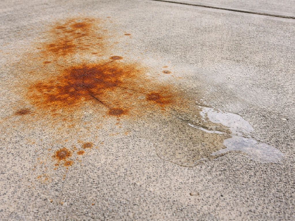 Close-up of orange rust stains on patio concrete after a bleach attempt, discoloration remains visible.