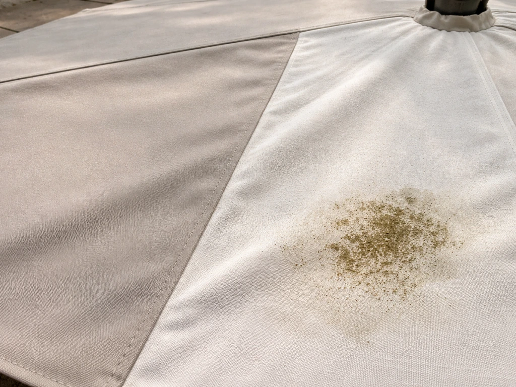Close-up of patio umbrella canopy materials with a small mildew/algae patch on one section