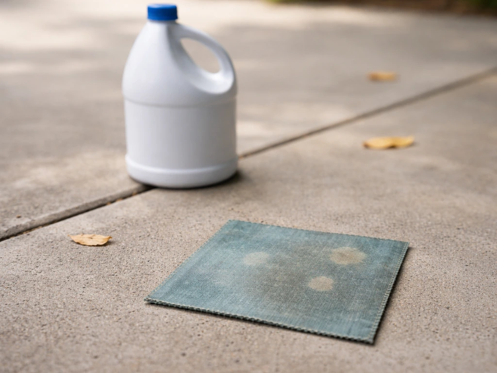 Outdoor cleaner bottle beside a fabric swatch showing mild fading/spotting risk