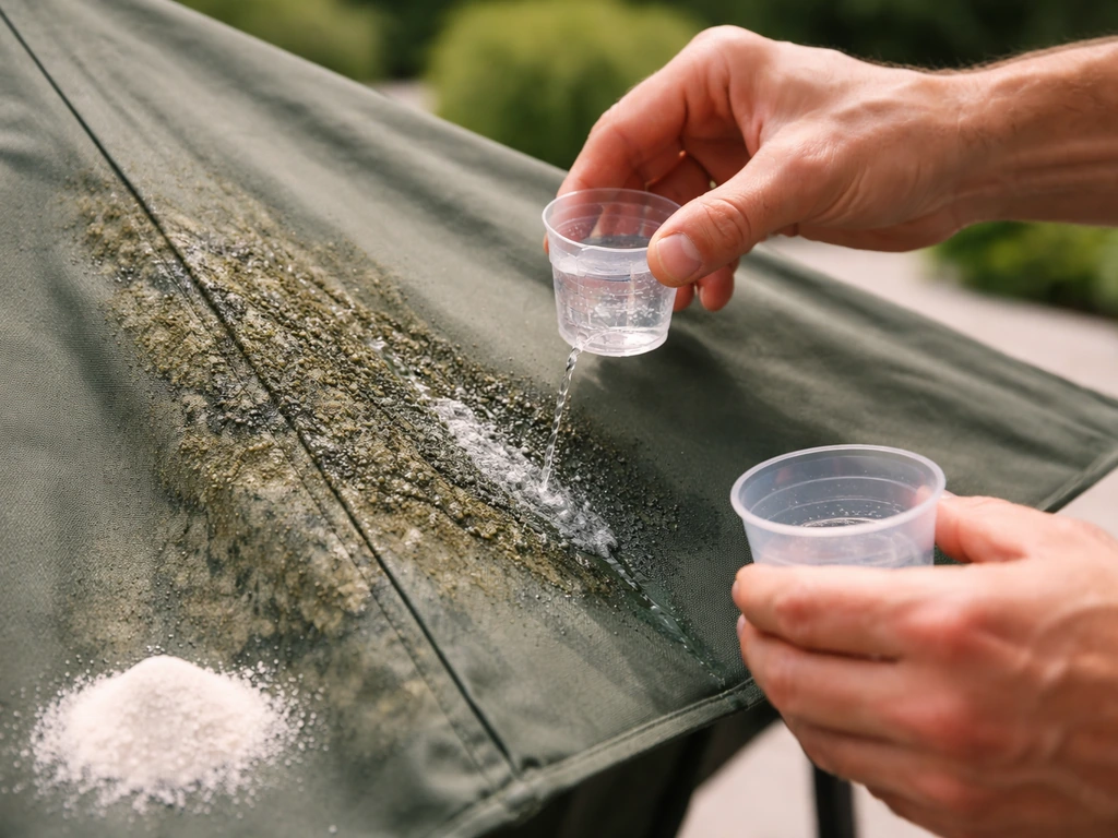 Hands applying clear oxygen-bleach solution from a measuring cup onto a mildew-stained umbrella canopy outdoors.