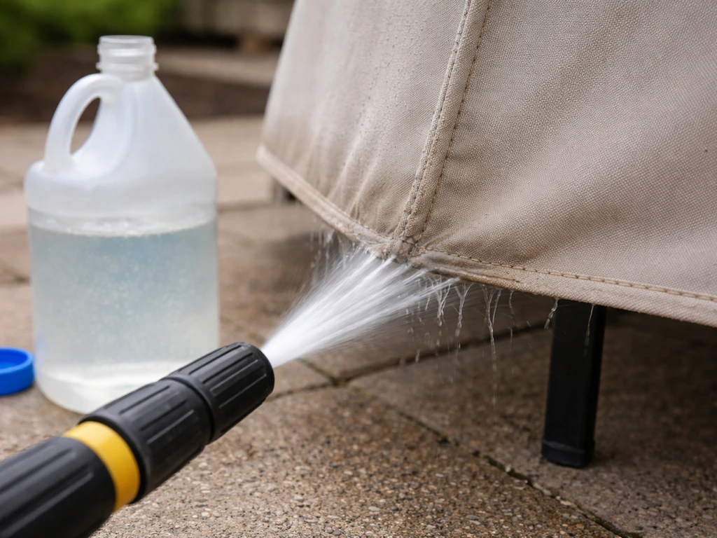 Chlorine bleach bottle beside an outdoor umbrella fabric seam while a pressure washer nozzle sprays at it.