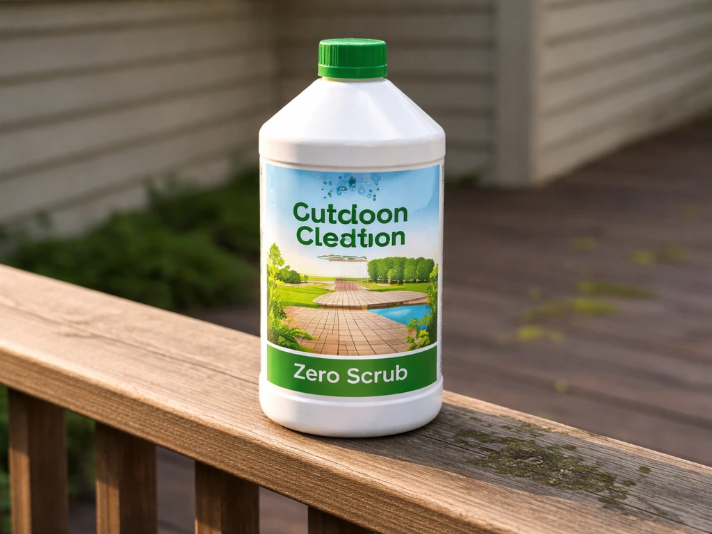 A patio and deck cleaner bottle on a deck railing with green moss stains in soft focus background