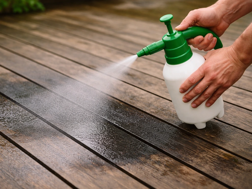 Hand applying liquid with a pump sprayer to a darkened patio, creating even wet coverage.
