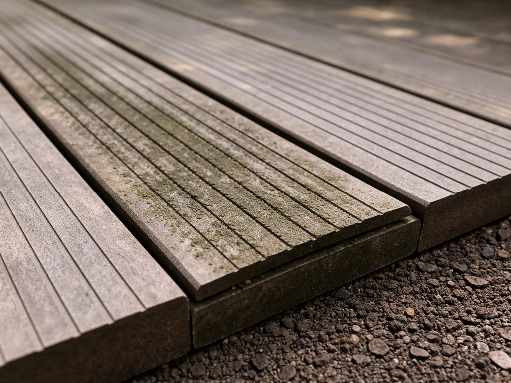 Close-up of wood/composite deck boards showing darker mildew spotting and partial board lift