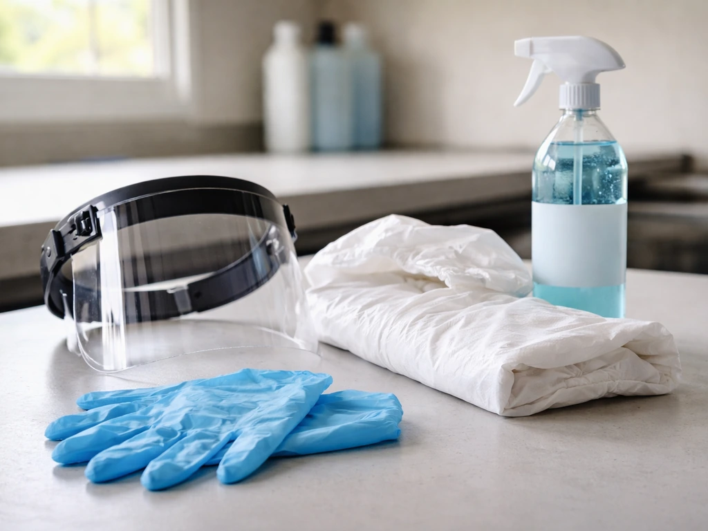 Safety gear and quaternary ammonium cleaner items laid out: gloves, eye/face shield, and protective clothing on a bench.
