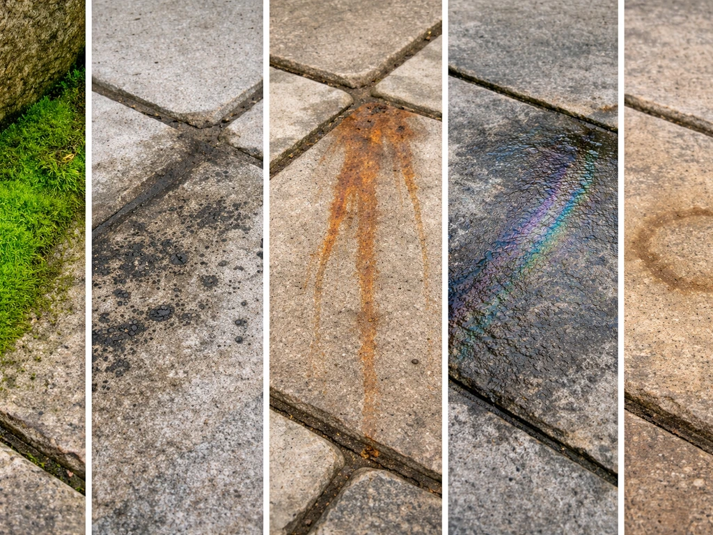 Split photo showing patio stains: green moss/algae, dark mold spots, rust streaks, oily sheen, and pet discoloration.