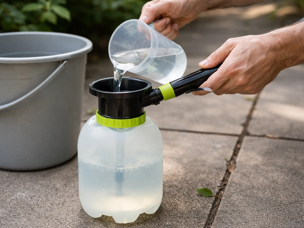 Hand pouring and filling a pump sprayer with diluted hydrogen peroxide solution in a simple outdoor setting.