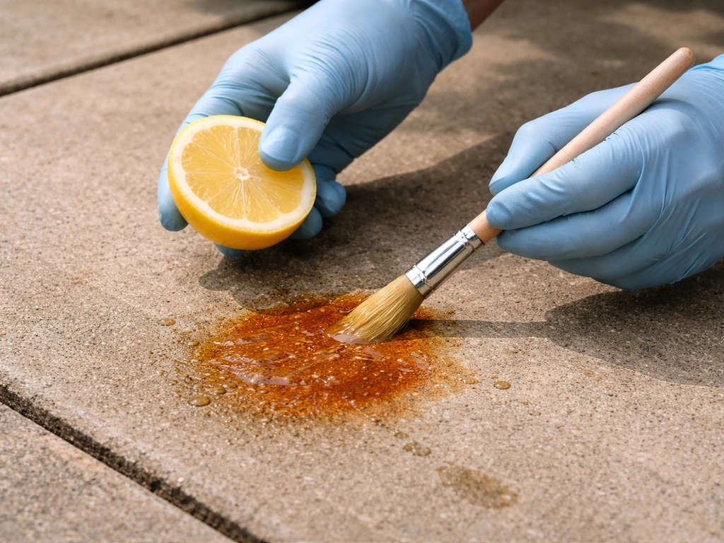 Brushing undiluted lemon juice onto an orange rust stain on a patio surface.