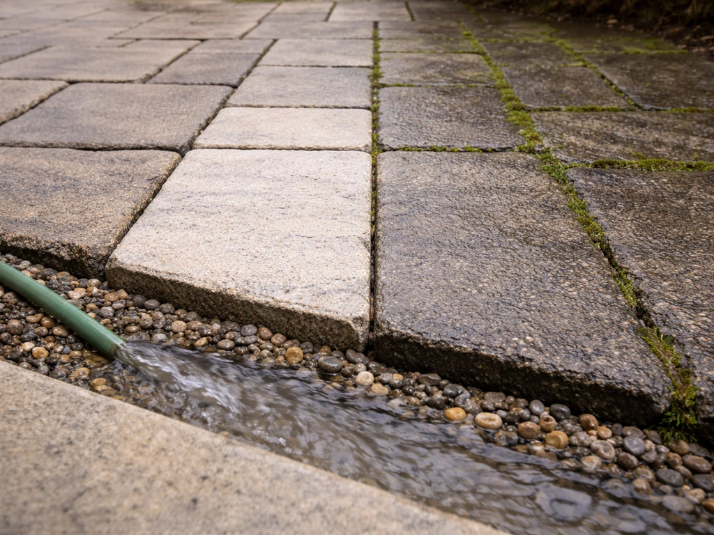 Cleaned patio joint lines beside a cleared drainage edge, with moss areas and redirected water flow visible.