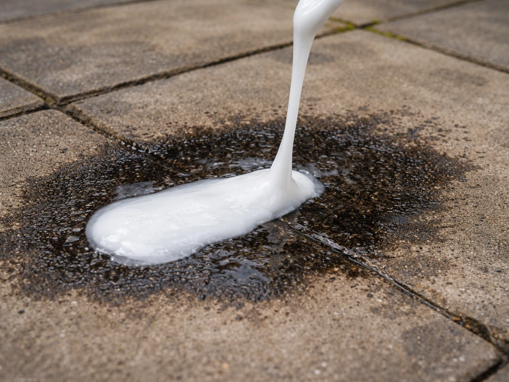 Thick alkaline degreaser gel applied to a grease-and-oil stain on a patio floor.