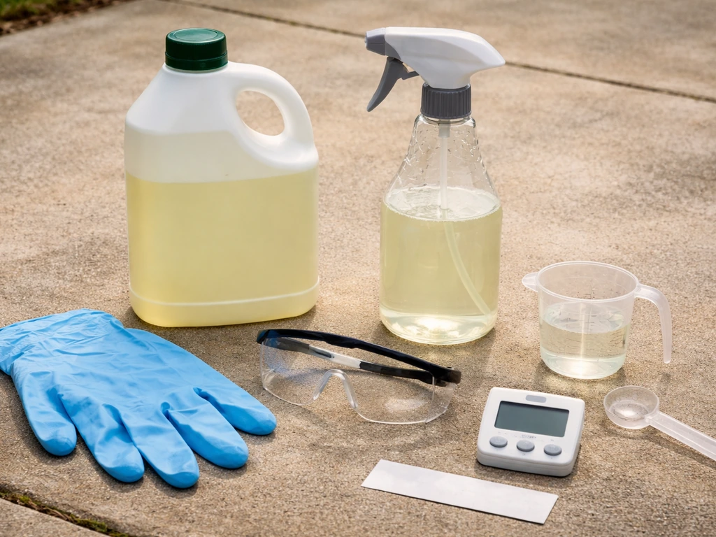PPE and patio cleaner setup on a patio: gloves, eye protection, spray bottle with measured dilution.