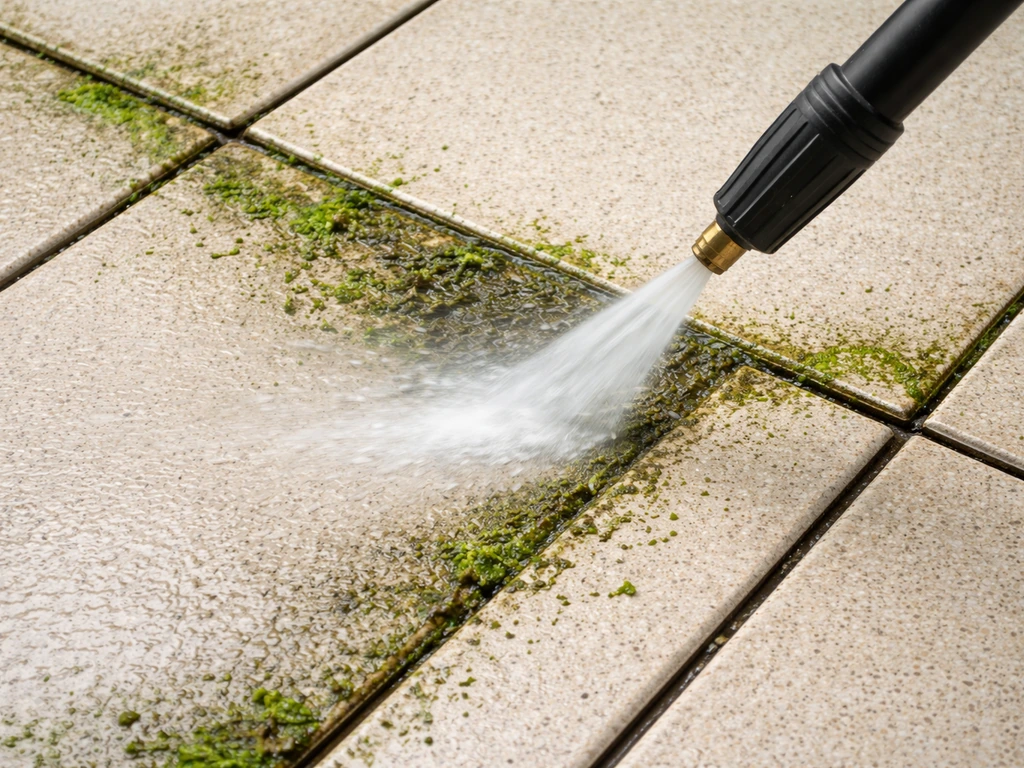 Close-up patio tiles with green algae and moss being rinsed by a pressure washer nozzle at grout lines.